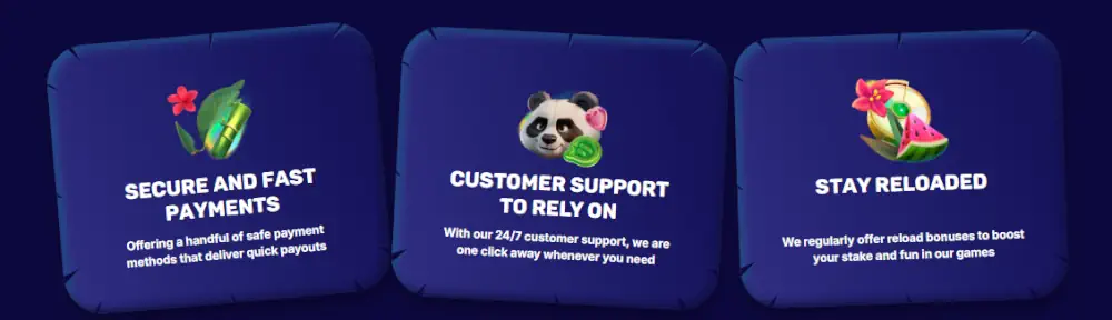 SpinPanda-functies waaronder veilige betalingen, 24/7 ondersteuning en herlaadbonussen